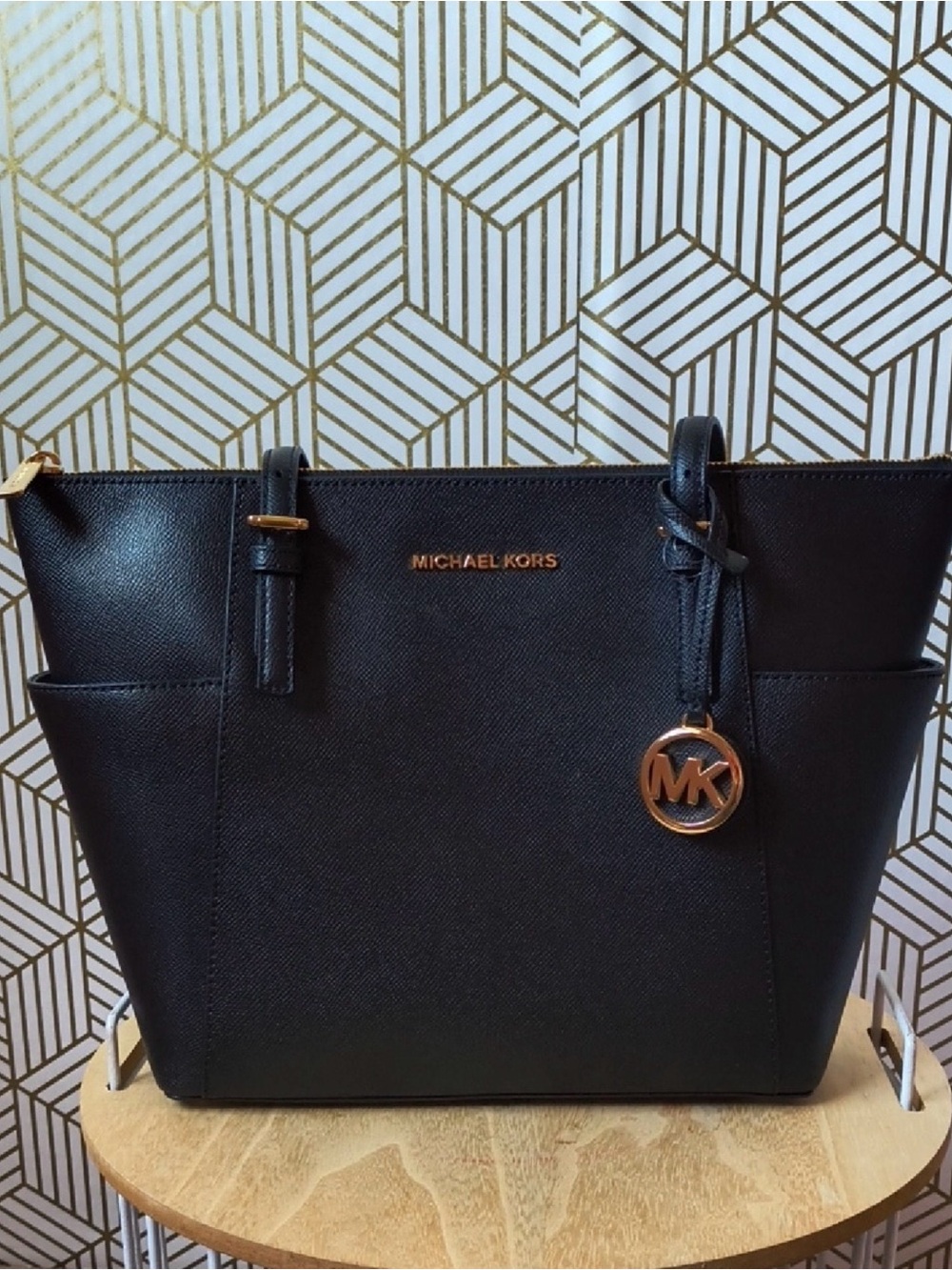 Michael Kors Black Leather Saffiano Tote with Gold MK Charm